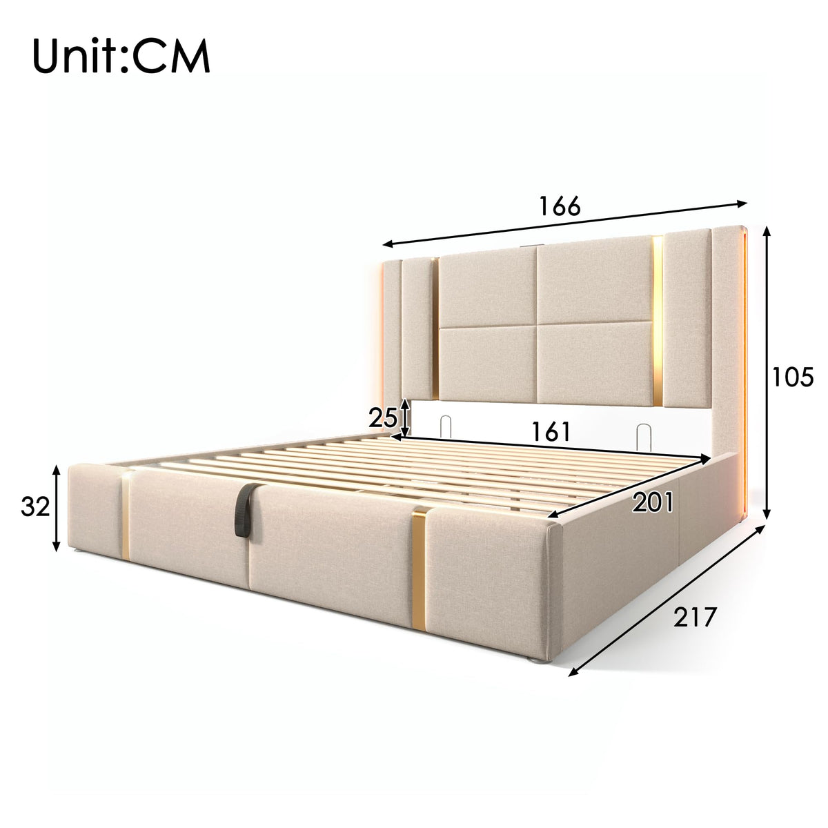 Cama tapizada doble USB tipo C función de carga APP Control LED 180 × 200 cm espacio espacio cama somier de láminas de madera, material de lino beige (sin colchón)