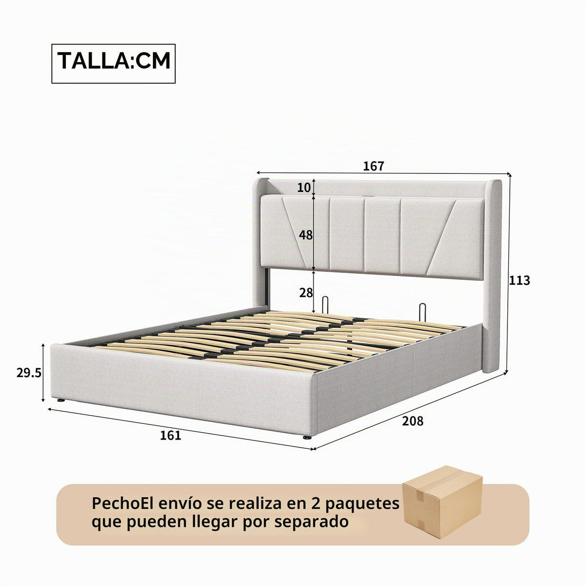 Cama tapizada de 160 x 200 cm, cama doble LED con espacio de almacenamiento, cabecero y función de carga USB C, cama de almacenamiento hidráulico, respaldo con somier de láminas de madera