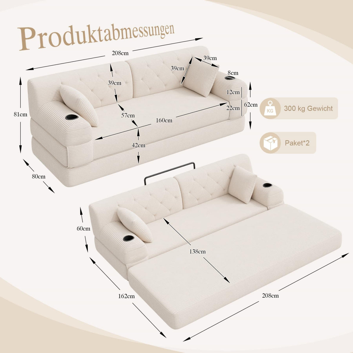 YEHTOKHOME - Sofá de Velor acanalado con respaldo alto y estructura metálica, sofá moderno de 2 plazas con 2 portavasos y 4 bolsillos laterales, para salón, dormitorio (Beige)