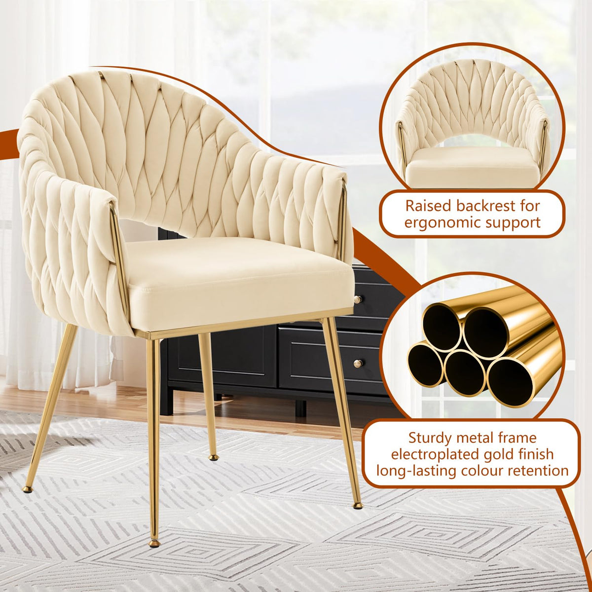 Juego de 4 sillas de comedor de terciopelo, sillones de salón, sillas de comedor con reposabrazos, sillas de cocina con respaldo alto trenzado a mano, silla de tocador con patas doradas