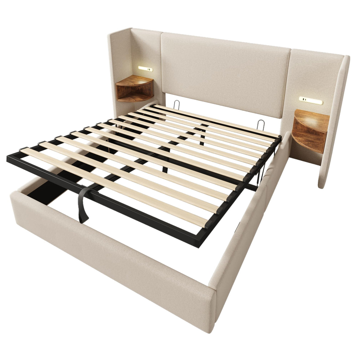 Camas Matrimoniales 160x200 con Cabecero Extendido y Espacio de Almacenaje Hidráulica, Cama Matrimonio con Lámpara de Lectura, Cama Doble con Puerto USB y Tipo C, Lino, Gris, Sin Colchón