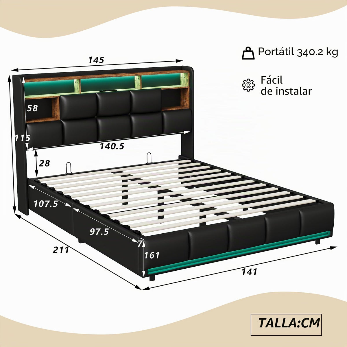 Cama tapizada de 160 x 200 cm, cama doble LED con espacio de almacenamiento, cabecero y función de carga USB C, cama de almacenamiento hidráulico, respaldo con somier de láminas de madera