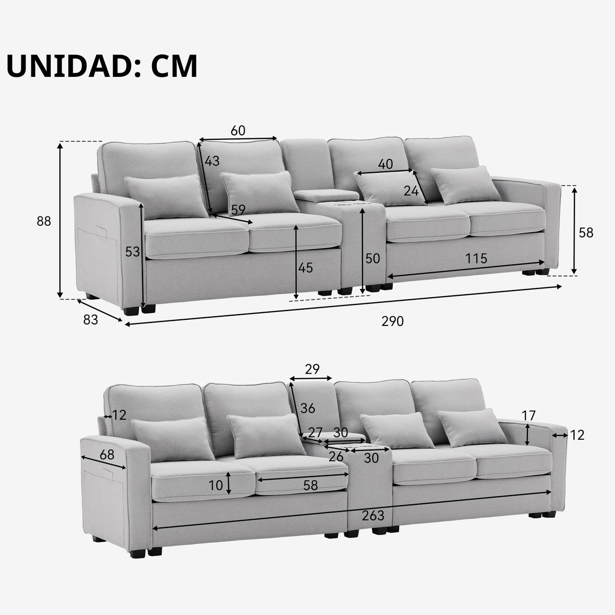 Sofá moderno de 4 plazas, en tejido de lino, soporte para bebidas, 2 puertos de carga USB con cable, bolsillos en reposabrazos y 4 cojines, sofá sencillo para sala de estar