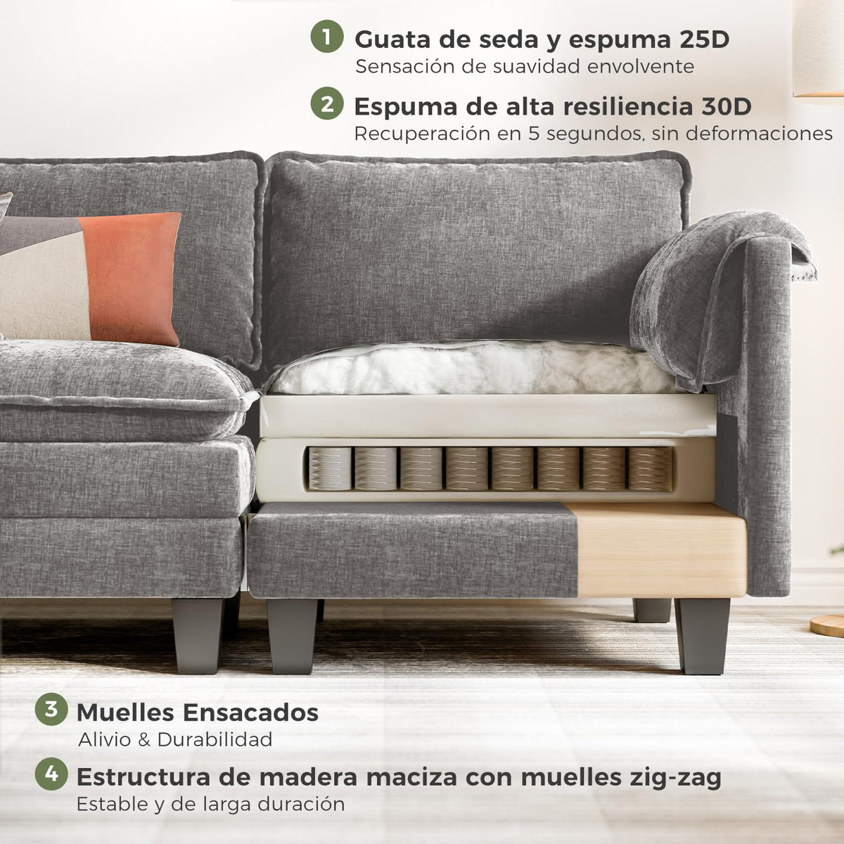 ELUCHANG Sofá Nube Modular 256cm, Sofá de 3 Plazas con Asiento Profundo 62cm, Montaje sin Herramientas, Sofá Moderno de Chenilla para Salón y Habitación, Gris Perla