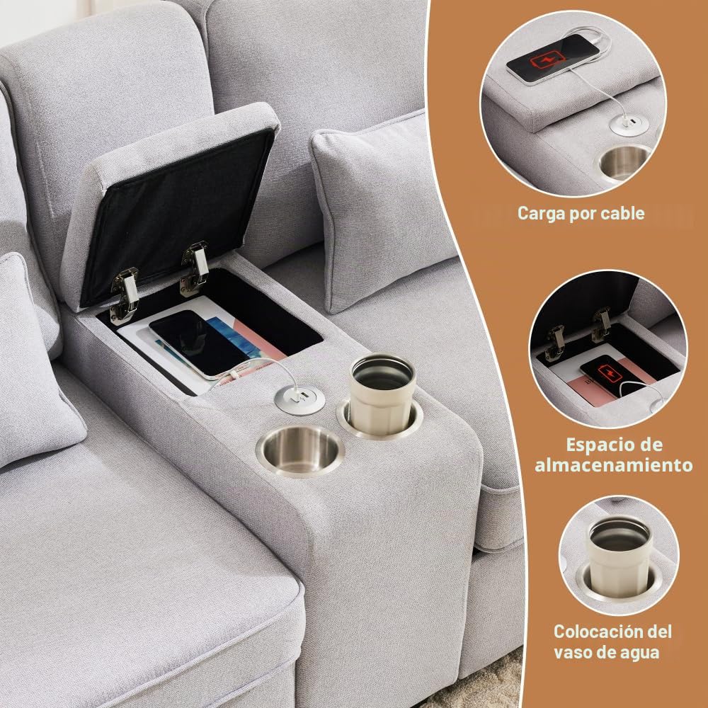 Lubvtti Sofá moderno de 4 plazas con bolsillos para reposabrazos y 4 cojines, con consola, 2 portavasos y 2 enchufes USB, de lino, adecuado para muchas ocasiones (Dark Gris+USB)