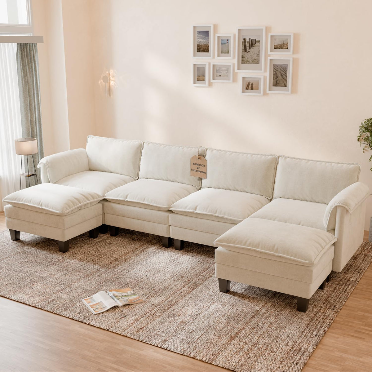 ELUCHANG Sofá Nube Modular 256cm, Sofá de 3 Plazas con Asiento Profundo 62cm, Montaje sin Herramientas, Sofá Moderno de Chenilla para Salón y Habitación, Gris Perla