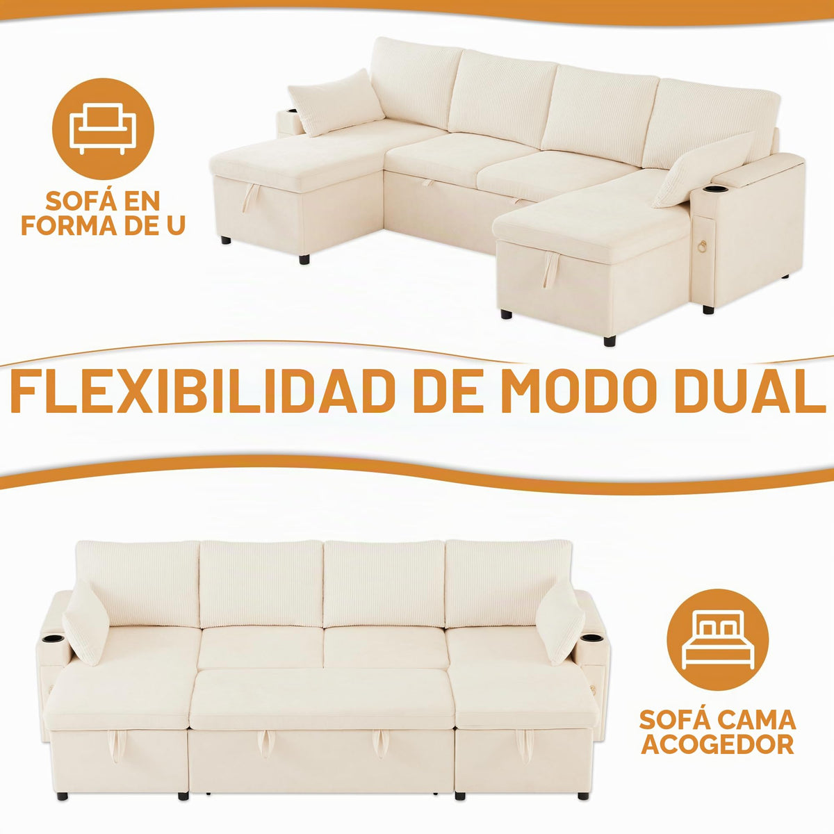 Kebnor Sofá cama de cuatro plazas en forma de U con soporte para bebidas, sofá de esquina con espacio de almacenamiento y función de descanso. Incluye soporte para bebidas y almohadas. Sofá