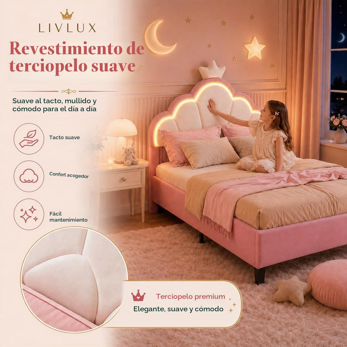 LIVLUX Cama Tapizada 90 x 200 cm, Cama Princesa con Cabezal LED Ajustable y Somier de Lamillas, Cama para Niña, Diseño en Forma de Corona para Niños y Adolescentes (Rosa, 90 x 200 cm)
