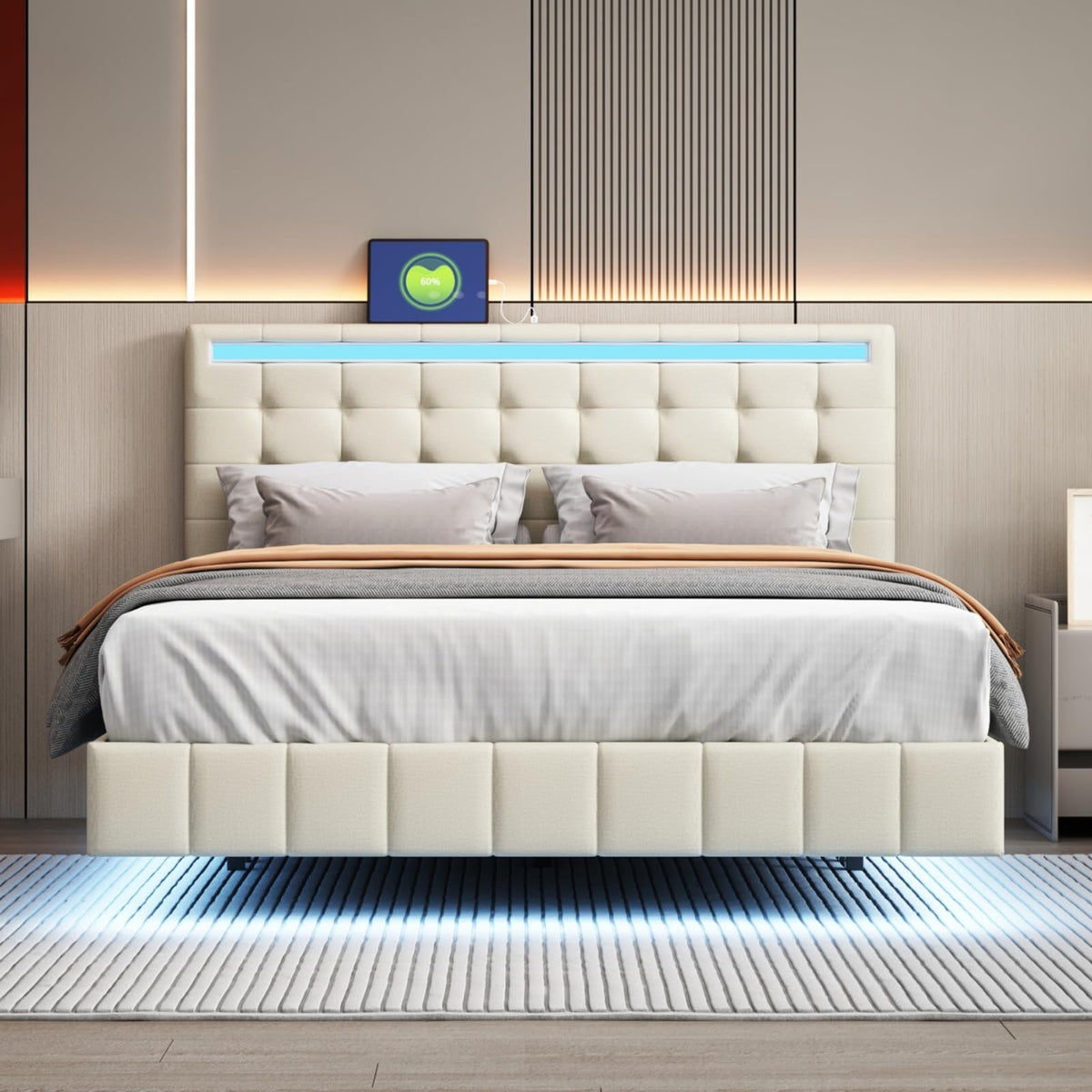 BRILVERDE Cama Tapizada 160x200 con Almacenamiento, Cama matrimonial con cajones, Cama Nido con LED, Cabecero Acolchado y Base de Láminas, Terciopelo (Beige, 160 x 200 cm)