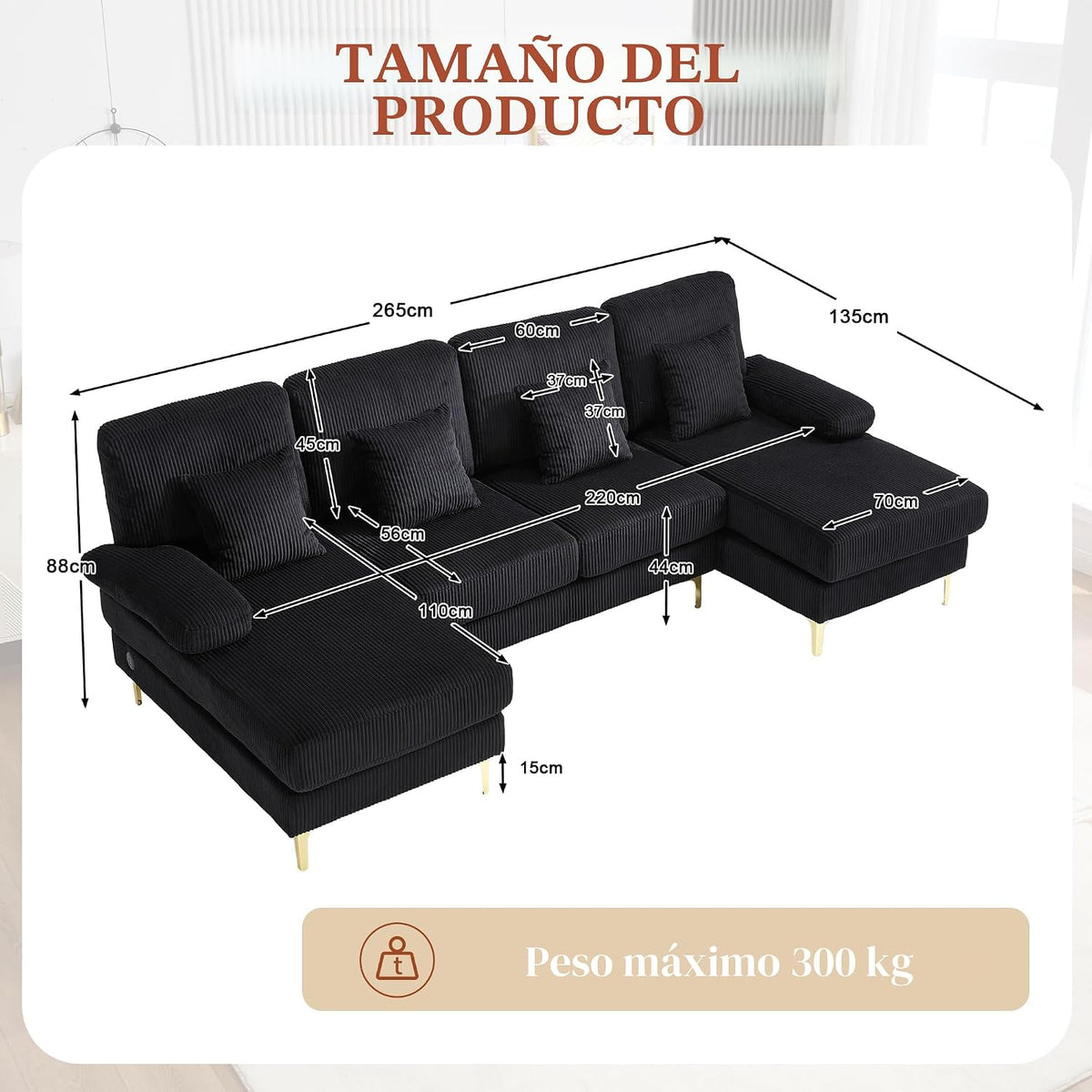 Lubvtti Sofá Moderno en U con iluminación Ambiental LED y Puerto USB+Type-C,sofá 4 plazas con 4 Cojines de Lujo y Respaldo ergonómico, sofá cheslong 4 plazas,Terciopelo,Negro