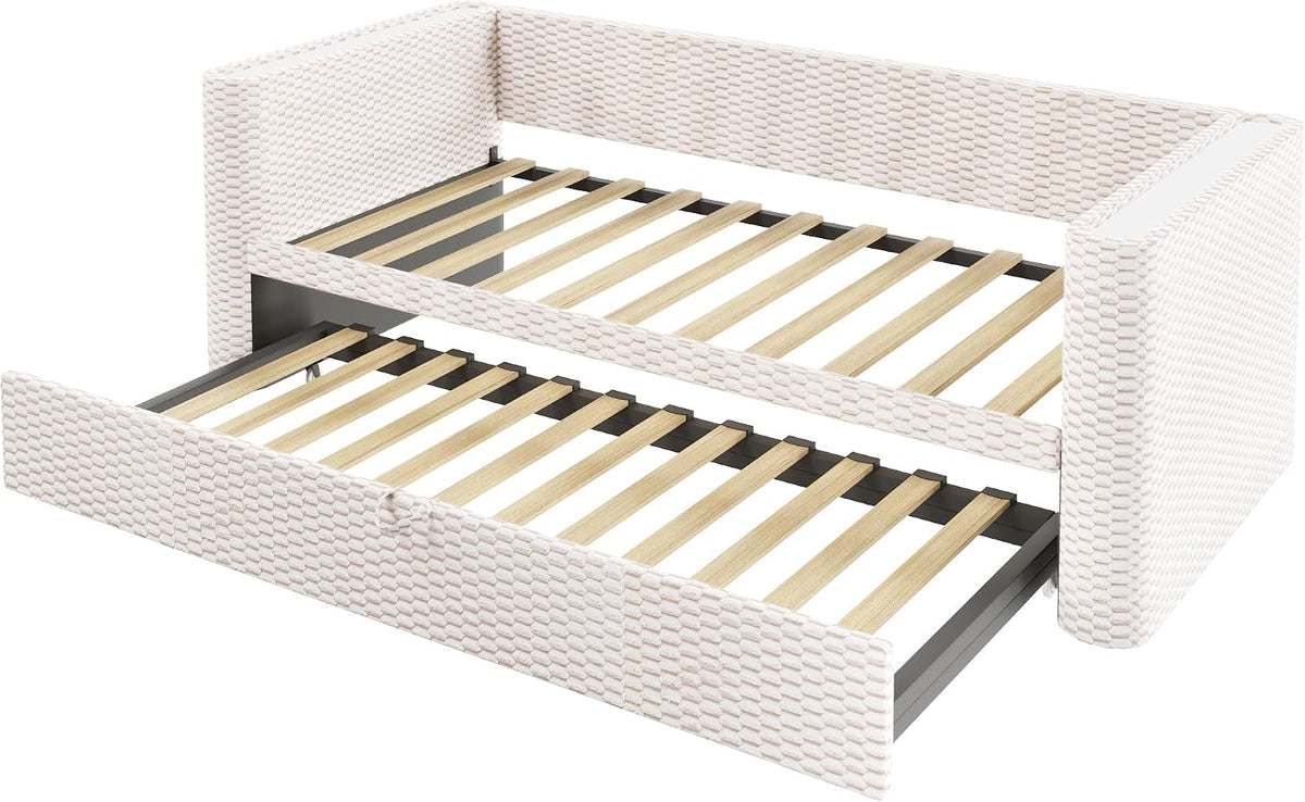 Moimhear Cama de día, diván cama, sofá cama, diseño de cama extensible multifuncional con tira de luz LED, somier de listones (sin colchón), terciopelo (beis, 90 x 200 cm+180 x 200 cm)