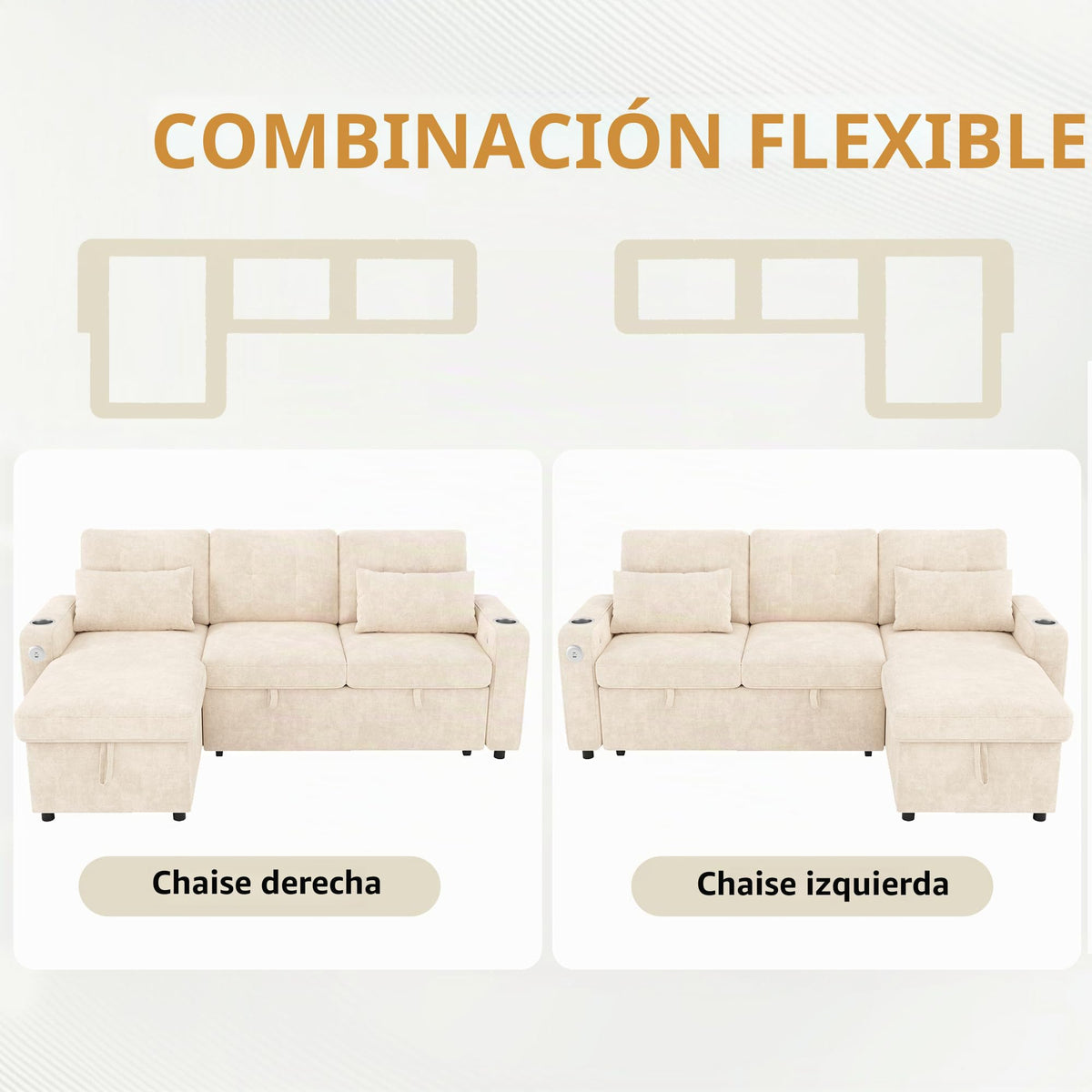 Sapgaks Sofá de esquina convertible de 6 plazas con USB, sofá convertible de 6 plazas, sofá de 6 plazas, en chenilla, con apoyabrazos en forma de librería, puf extraíble para configuraciones en L y en