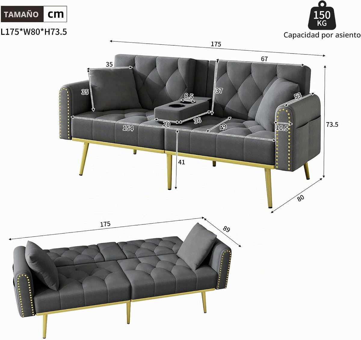 Azkoeesy Sofá cama de 2 plazas con soporte para bebidas, 175 cm, sofá cama con función de dormir, respaldo ajustable en 3 posiciones, patas metálicas doradas y remaches, para sala de estar y cine en