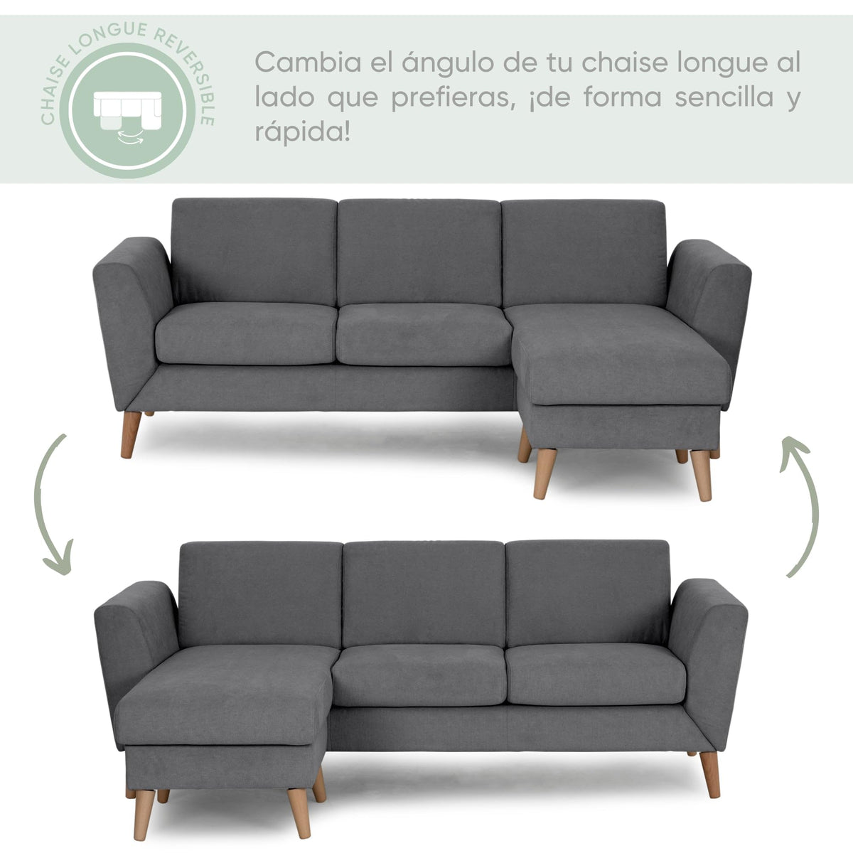 BUDWING Leah Sofá Cama Esquinero 3 Plazas - Chaise Longue Reversible y 2 Cojines Decorativos – Tapizado en Poliéster – Estilo Moderno – 233x124x69 cm – Gris Bicolor