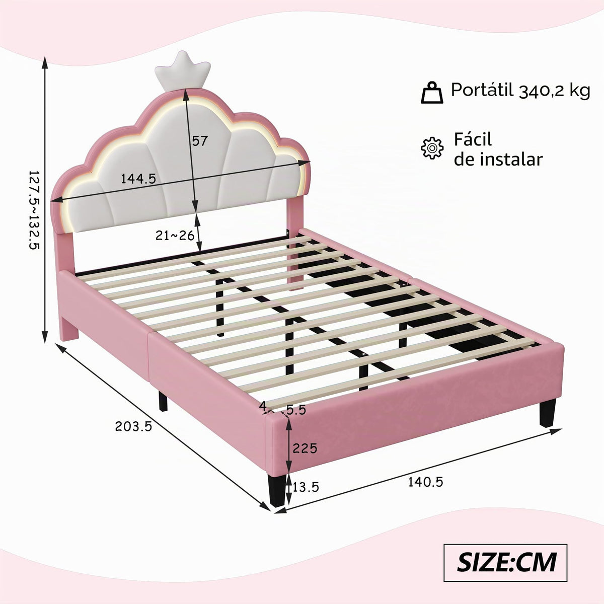 LIVLUX Cama Tapizada 90 x 200 cm, Cama Princesa con Cabezal LED Ajustable y Somier de Lamillas, Cama para Niña, Diseño en Forma de Corona para Niños y Adolescentes (Rosa, 90 x 200 cm)