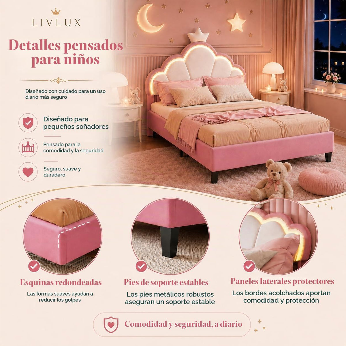 LIVLUX Cama Tapizada 90 x 200 cm, Cama Princesa con Cabezal LED Ajustable y Somier de Lamillas, Cama para Niña, Diseño en Forma de Corona para Niños y Adolescentes (Rosa, 90 x 200 cm)