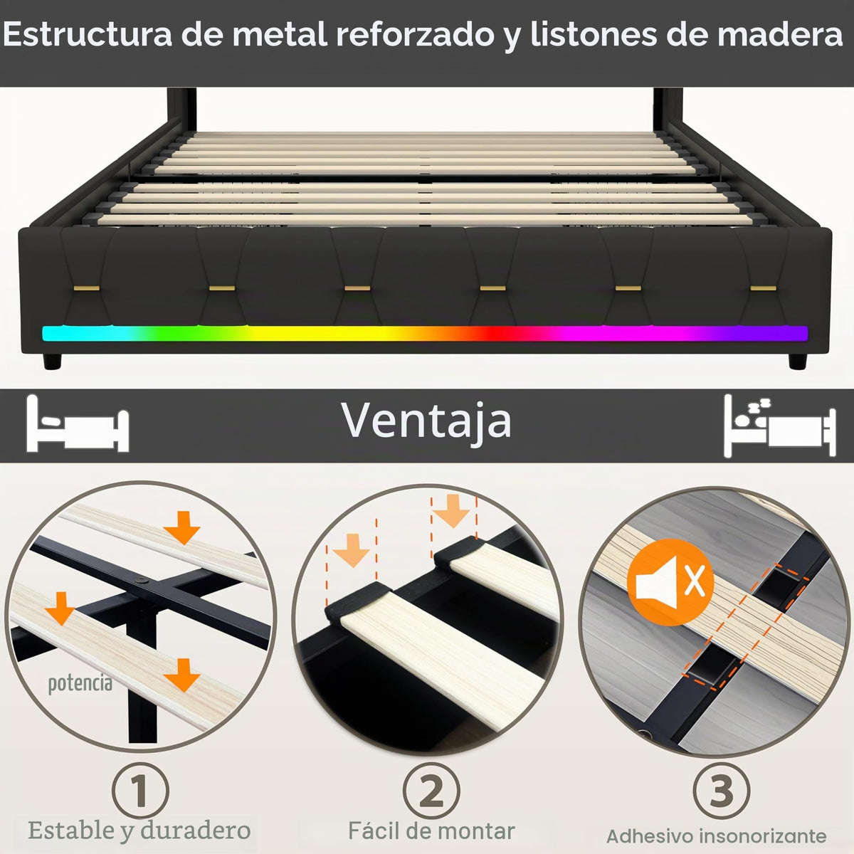 Estructura de Cama de Cuero 160x200cm con Carga USB Type-C, Blanco