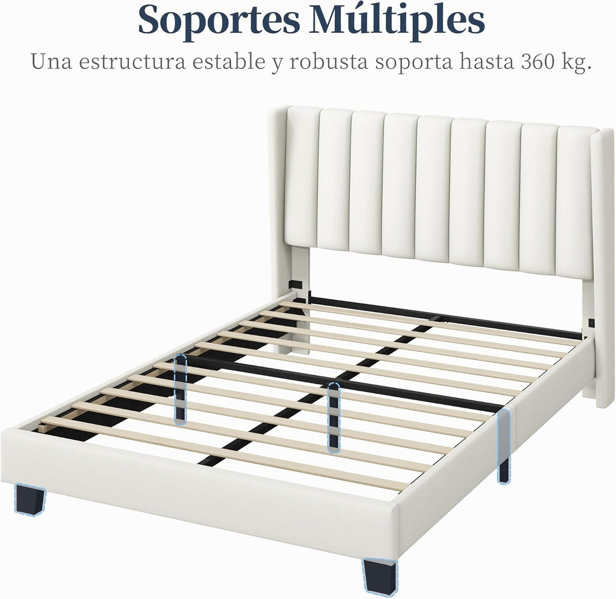 Yaheetech Cama Doble Tapizada 140 x 200cm con Somier de Lamas con Cabecero Rayado Moderno Estructura de Madera y Metal Marco de Cama para Adultos 2 Personas Beige