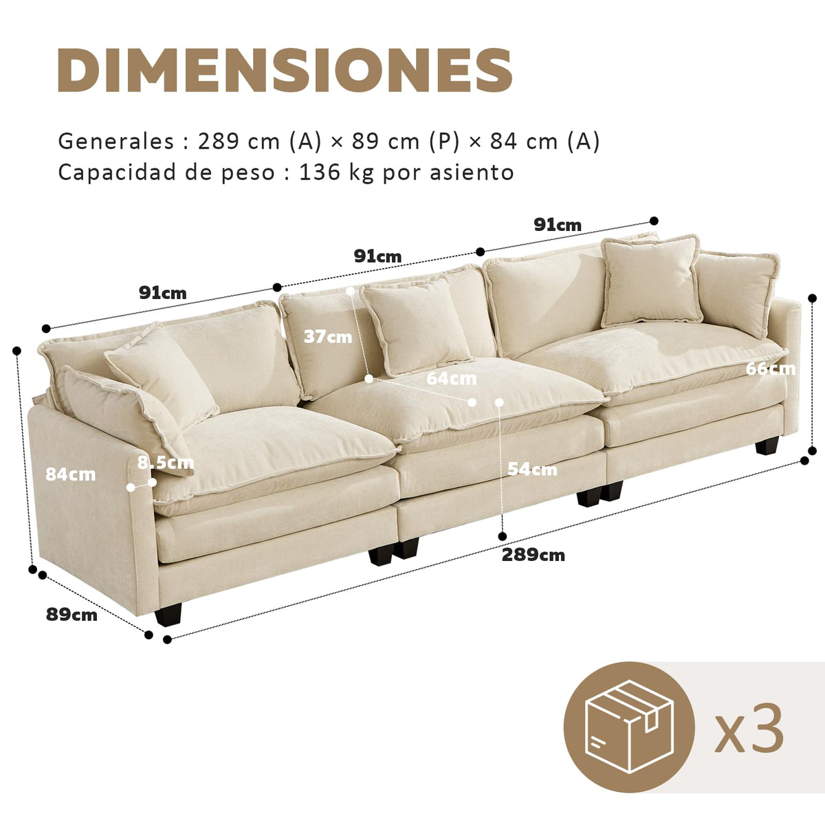Sofá Modular Modular de 380.0 cm en Forma de L, sofás Convertibles de Gran tamaño, sofá de felpilla de 4 plazas con Asiento Profundo SleeperCloud con Almohadas y 2 otomanas para Sala de