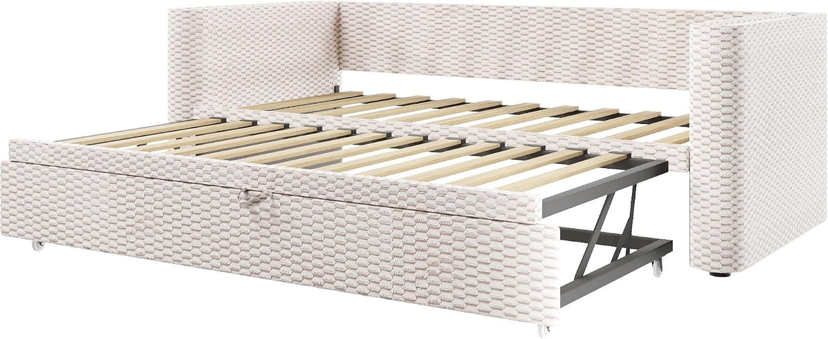 Moimhear Cama de día, diván cama, sofá cama, diseño de cama extensible multifuncional con tira de luz LED, somier de listones (sin colchón), terciopelo (beis, 90 x 200 cm+180 x 200 cm)