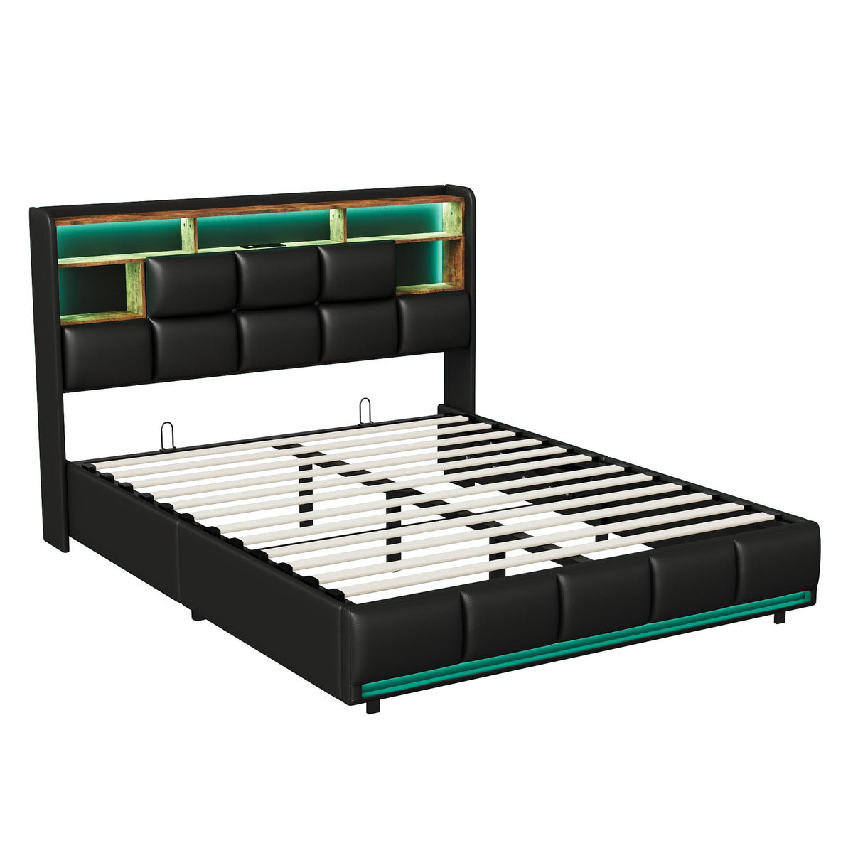 Cama tapizada de 160 x 200 cm, cama doble LED con espacio de almacenamiento, cabecero y función de carga USB C, cama de almacenamiento hidráulico, respaldo con somier de láminas de madera