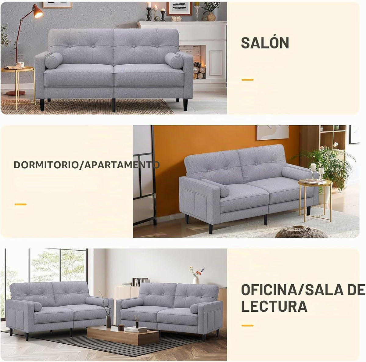 Sofá 2 Plazas, Cojines Gruesos, 2 Bolsillos (Gris Ceniza)