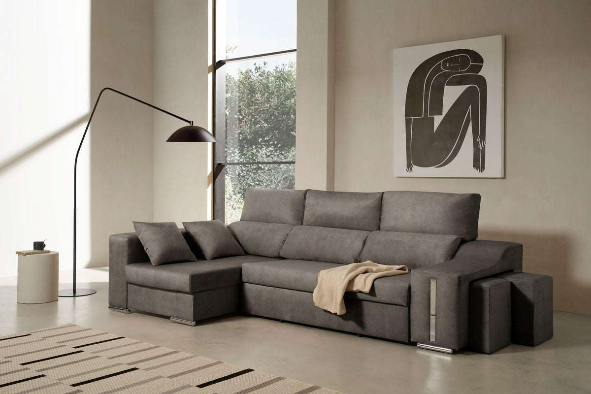 Sofa Chaise Longue Cama con Arcón y Puff Giuliana Agua Marina Izquierda