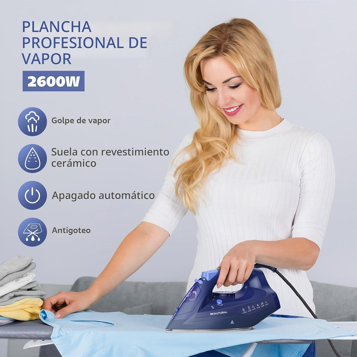 BEAUTURAL Plancha Ropa a Vapor con Dial de Termostato de Precisión, 2600W