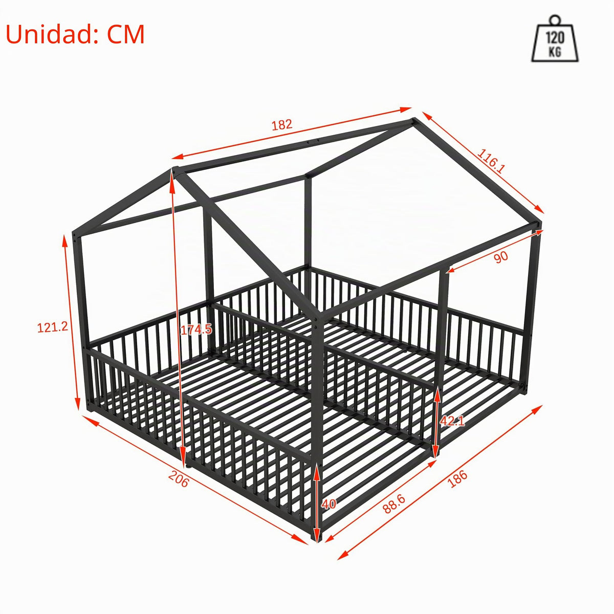 Cama infantil de 90 x 200 cm, dos camas de 90 cm con protección anticaídas, cama doble con modelado de casa, marco de hierro, color blanco, ideal para 2 niños