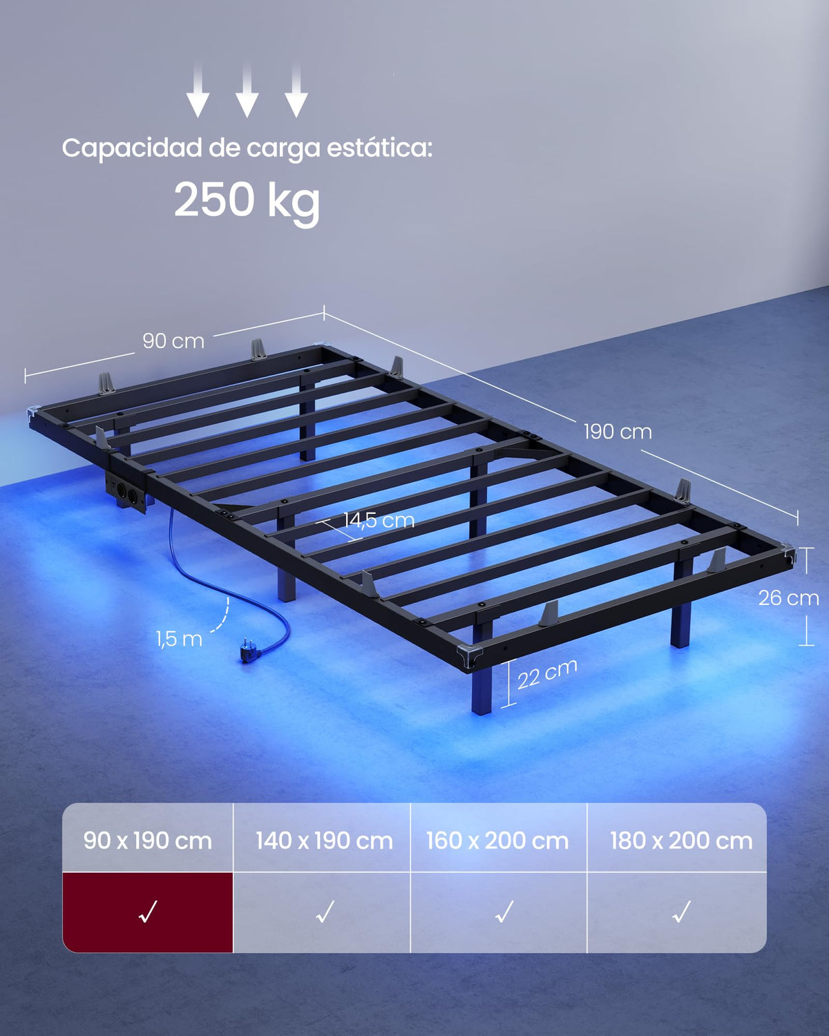 VASAGLE Marco de Cama Flotante, 140 x 200 cm, LED, 2 Tomas y 3 USB