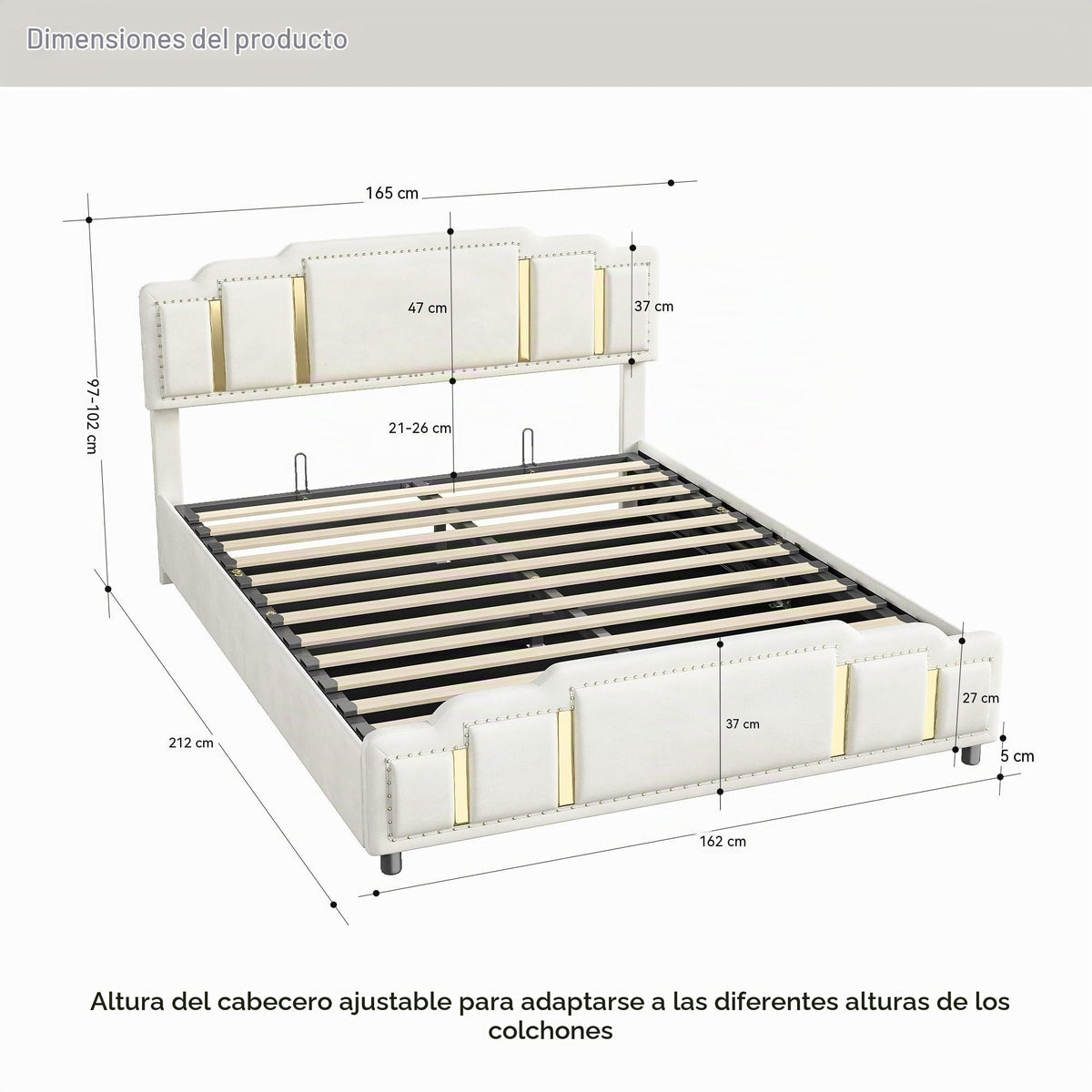 Cama tapizada de 160 x 200 cm con espacio de almacenamiento e iluminación LED, cama doble hidráulica con detalles dorados, cama de terciopelo de lujo con sincronización de música y