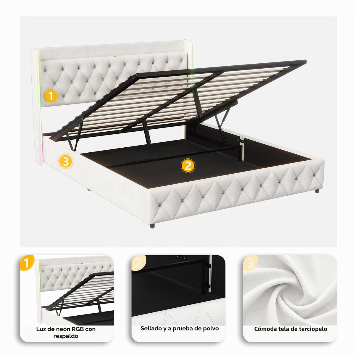 Cama tapizada de 160 x 200 cm, cama doble LED con espacio de almacenamiento, cabecero y función de carga USB C, cama de almacenamiento hidráulico, respaldo con somier de láminas de madera