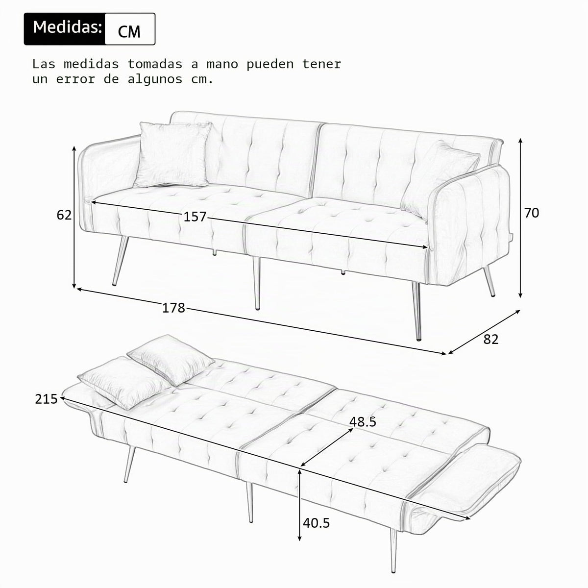 Sofá cama con esquinas ajustables, patas doradas, almohadas y bolsillos laterales para almacenamiento (Bavia)