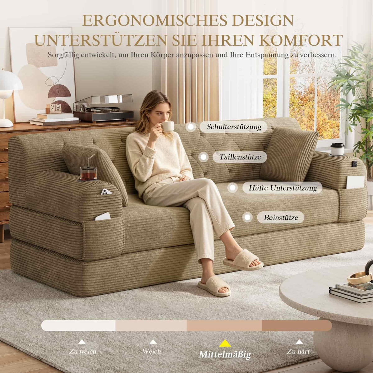 YEHTOKHOME - Sofá de Velor acanalado con respaldo alto y estructura metálica, sofá moderno de 2 plazas con 2 portavasos y 4 bolsillos laterales, para salón, dormitorio (Beige)