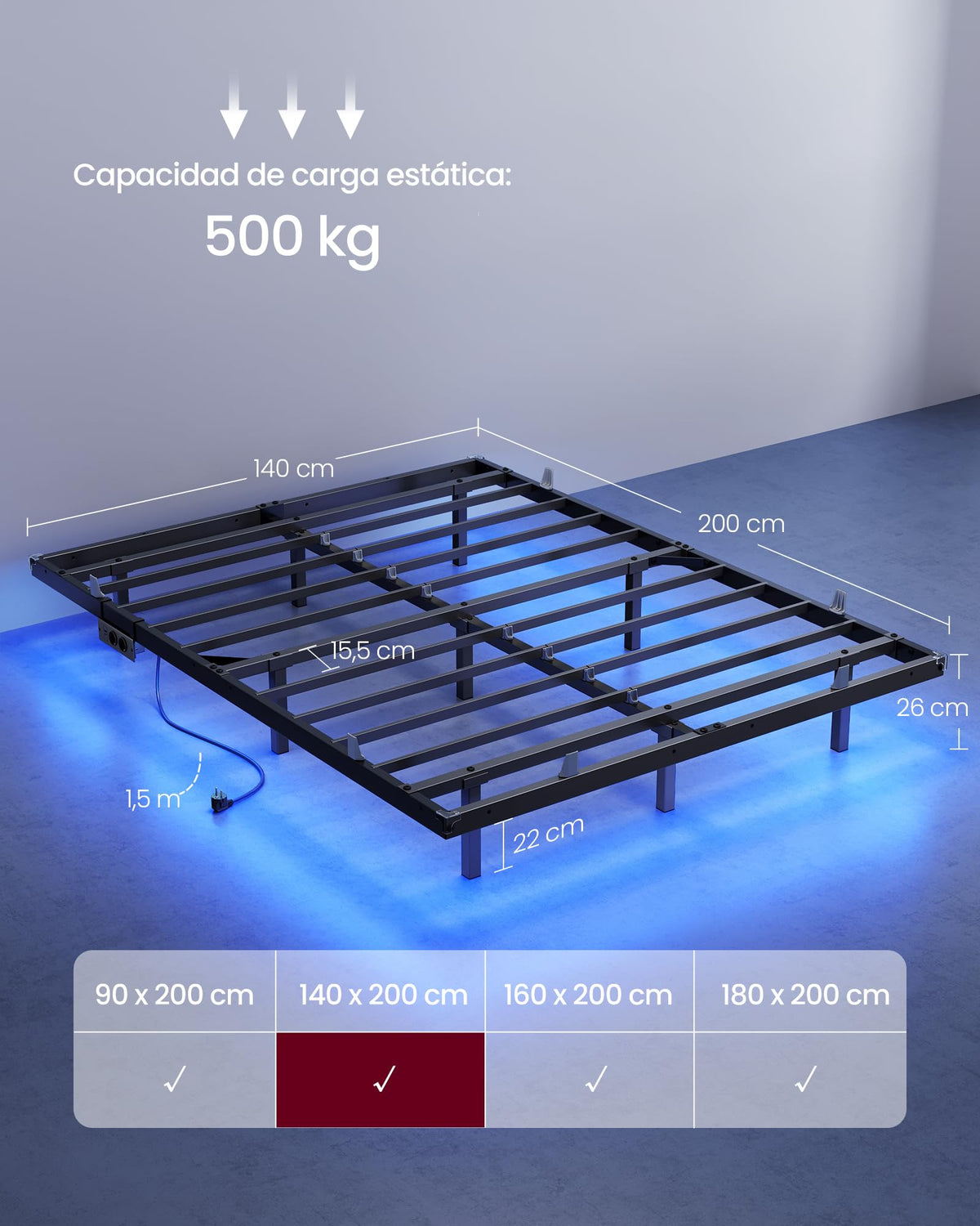VASAGLE Marco de Cama Flotante, 140 x 200 cm, LED, 2 Tomas y 3 USB