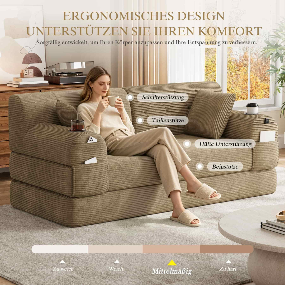 YEHTOKHOME - Sofá de Velor acanalado con respaldo alto y estructura metálica, sofá moderno de 2 plazas con 2 portavasos y 4 bolsillos laterales, para salón, dormitorio (Beige)