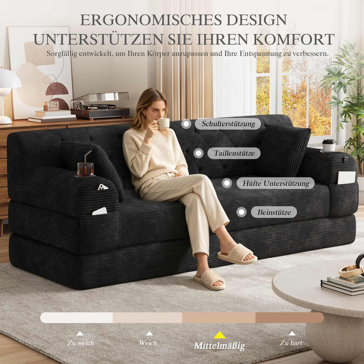 YEHTOKHOME - Sofá de Velor acanalado con respaldo alto y estructura metálica, sofá moderno de 2 plazas con 2 portavasos y 4 bolsillos laterales, para salón, dormitorio (Beige)