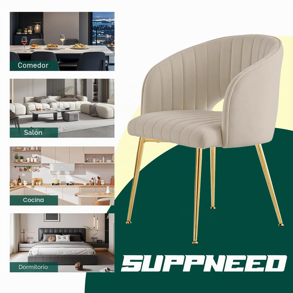 Juego de 6 sillas de comedor de terciopelo, sillas tapizadas con reposabrazos, patas doradas, sillas de cocina, para salón, dormitorio, oficina (6, blanco crema)