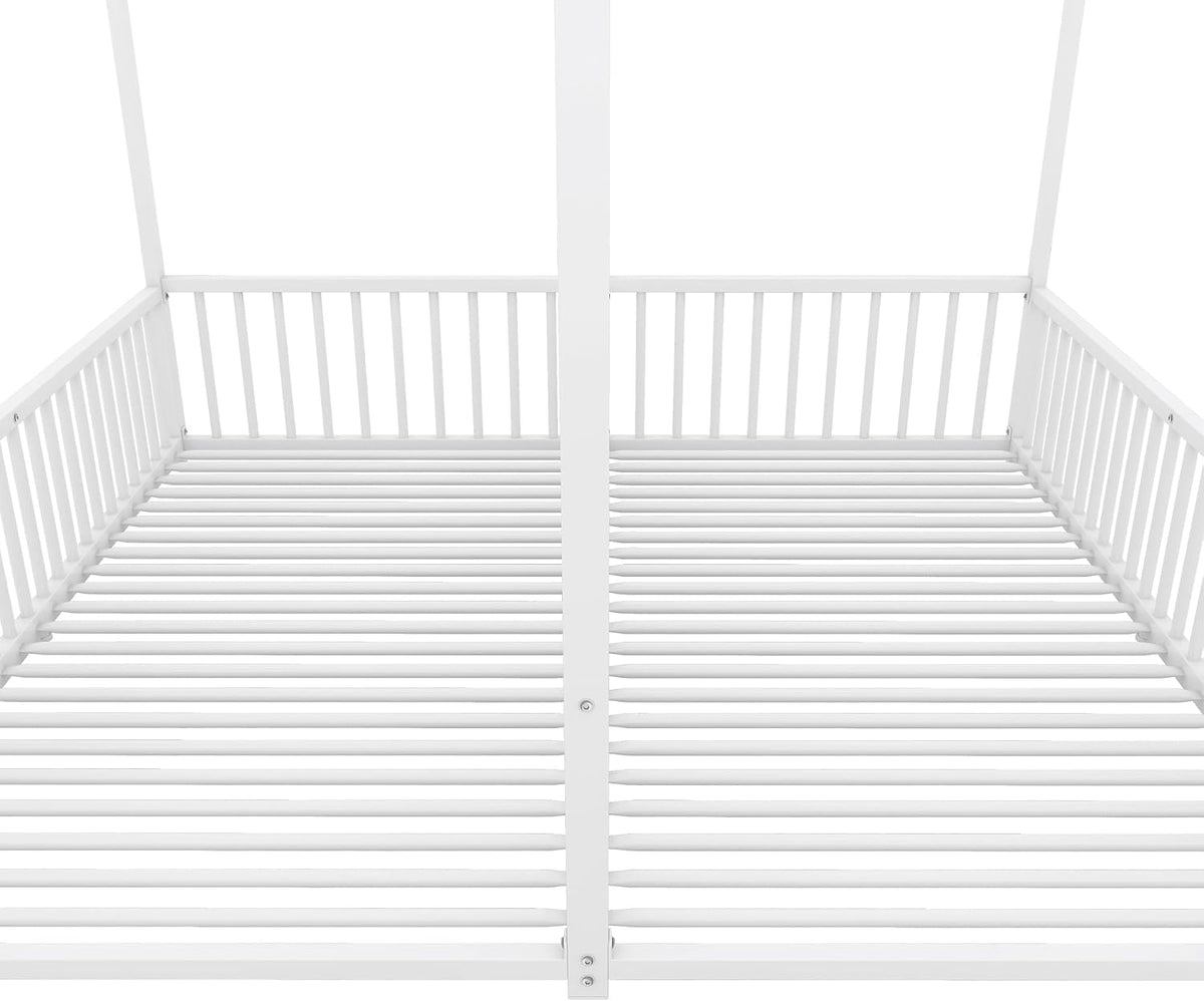 Cama infantil de 90 x 200 cm, dos camas de 90 cm con protección anticaídas, cama doble con modelado de casa, marco de hierro, color blanco, ideal para 2 niños