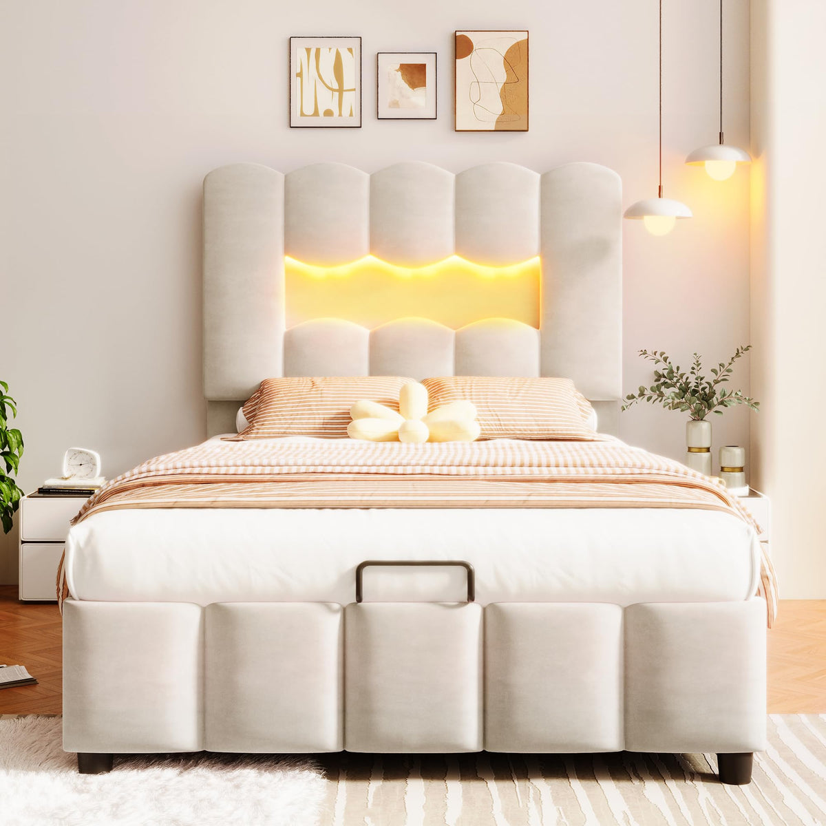 Kebnor Cama tapizada con somier, luz ambiental con mando a distancia, diseño de princesa heredera, material PU, color rosa (sin colchón) (140 x 200 cm)