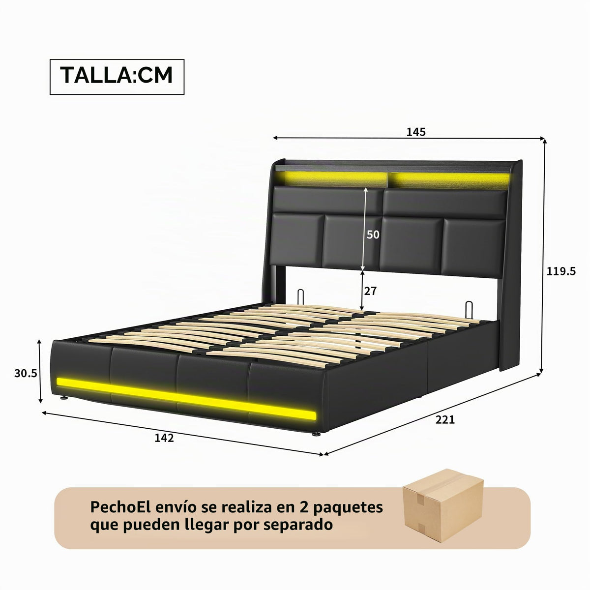 Cama tapizada de 160 x 200 cm, cama doble LED con espacio de almacenamiento, cabecero y función de carga USB C, cama de almacenamiento hidráulico, respaldo con somier de láminas de madera