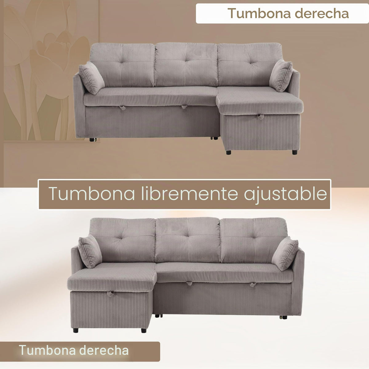 Lubvtti Sofá cama de 3 plazas moderno con función de cama, con espacio de almacenamiento, cargador USB, reposabrazos portaobjetos y 2 cojines, sofá de esquina en L, sofá de 3 plazas, chenilla (C-gris)