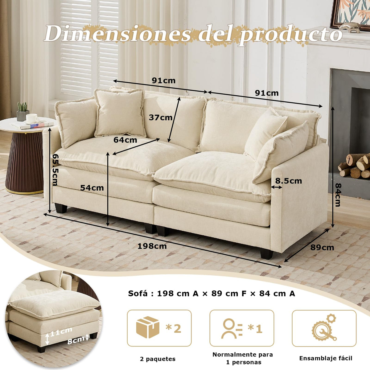 Sofá de salón modular 4 plazas 380cm, chenilla azul con cojines dobles