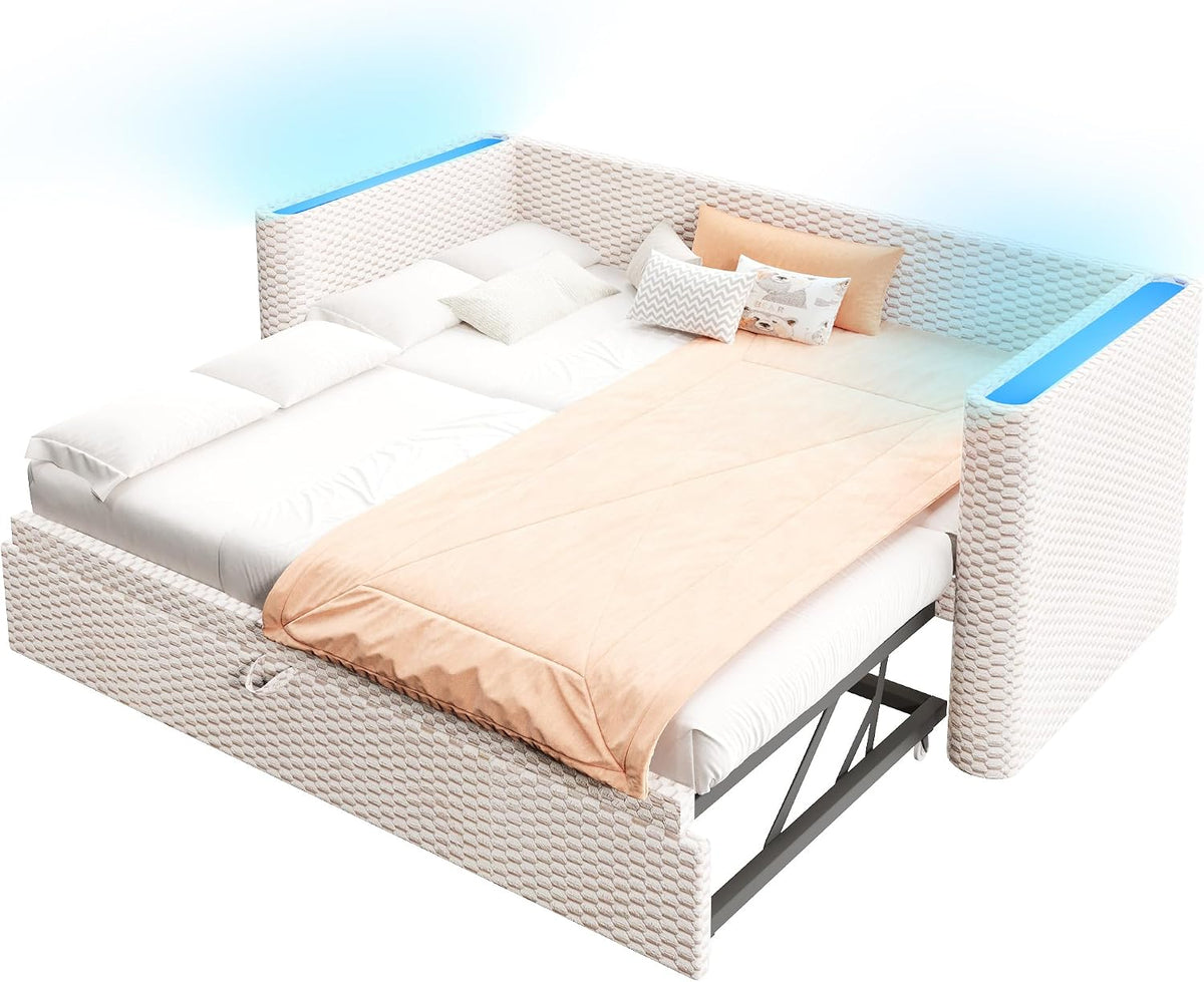 Moimhear Cama de día, diván cama, sofá cama, diseño de cama extensible multifuncional con tira de luz LED, somier de listones (sin colchón), terciopelo (beis, 90 x 200 cm+180 x 200 cm)