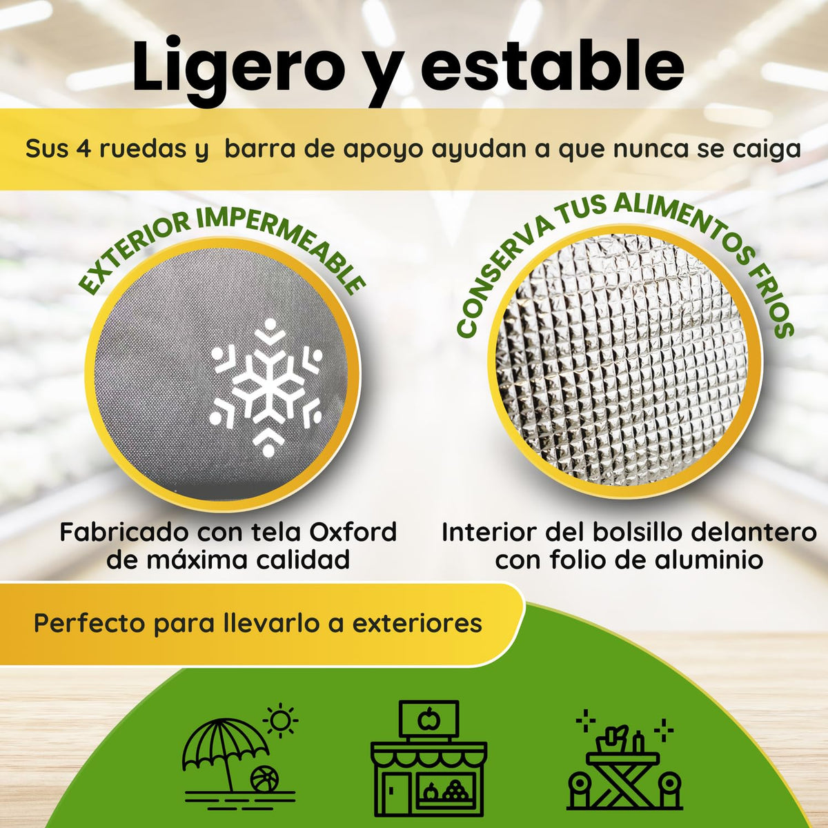 Carro de la Compra de 50L con Compartimento Refrigerante | Carrito Compra de 4 y 2 Ruedas Ideal para Supermercado (Requiere Montaje)