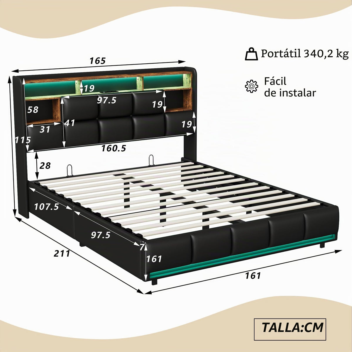 Cama tapizada de 160 x 200 cm, cama doble LED con espacio de almacenamiento, cabecero y función de carga USB C, cama de almacenamiento hidráulico, respaldo con somier de láminas de madera