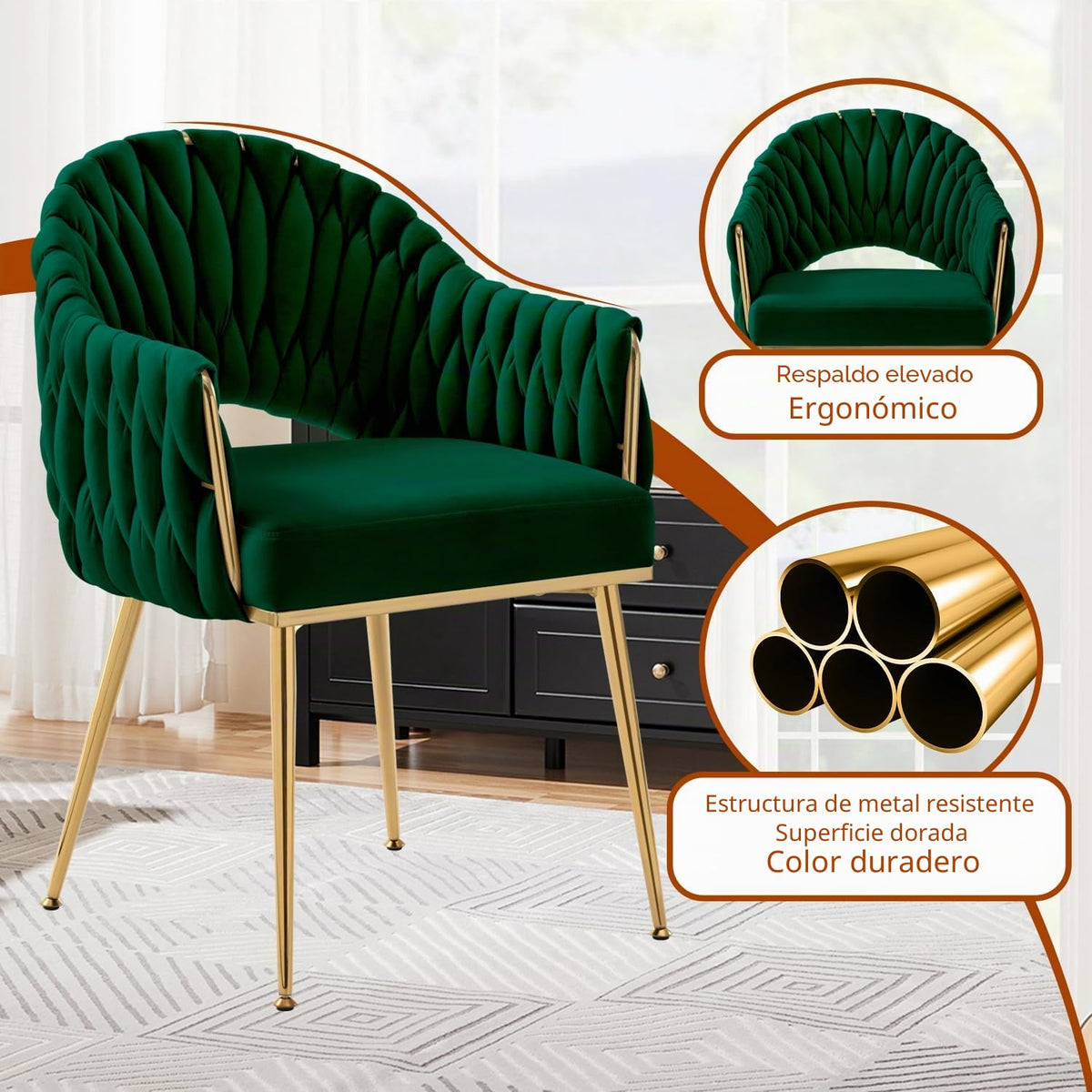 Juego de 4 sillas de comedor de terciopelo, sillones de salón, sillas de comedor con reposabrazos, sillas de cocina con respaldo alto trenzado a mano, silla de tocador con patas doradas