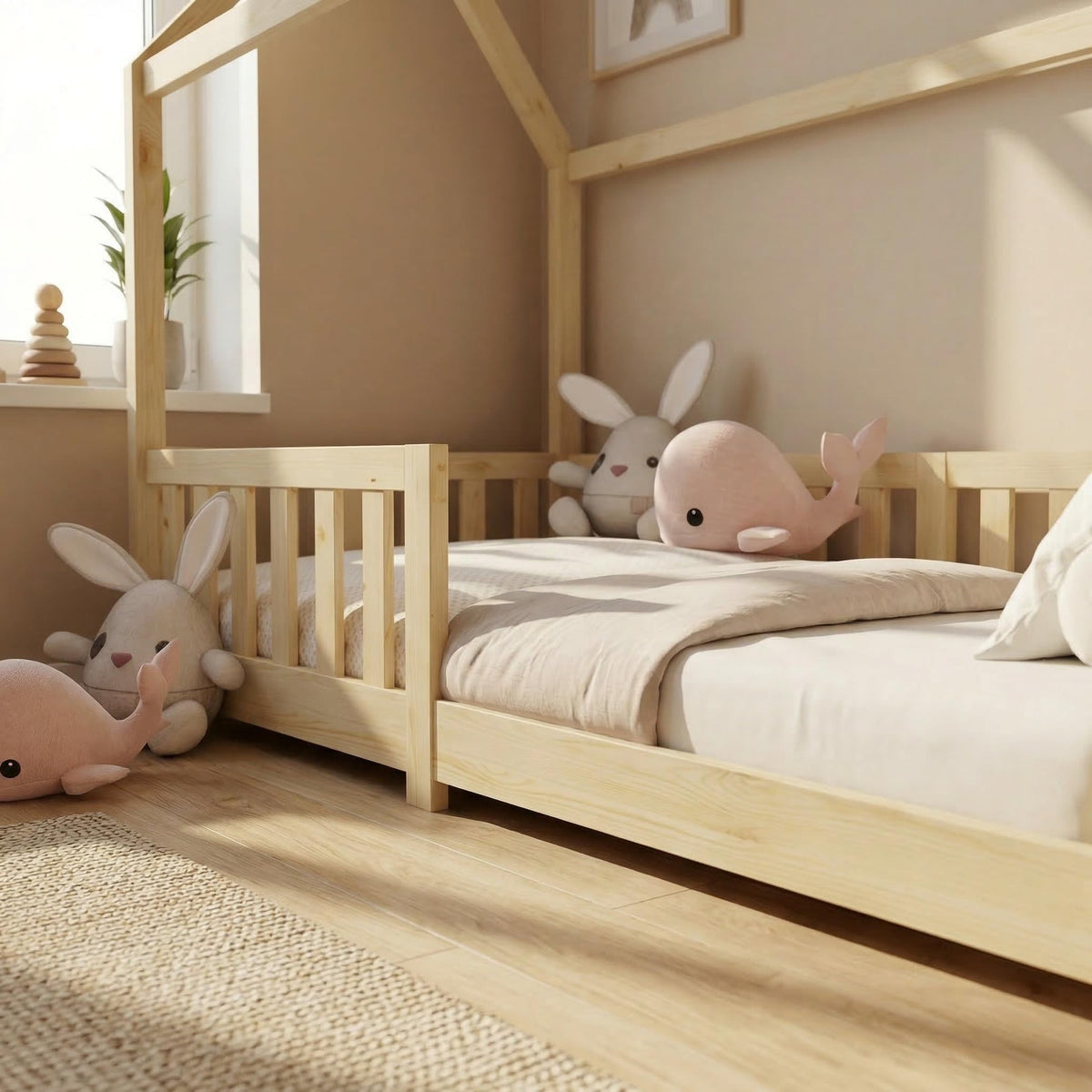 ecomi® Cama Infantil con Protección Anticaídas, Blanco, 80x160 cm