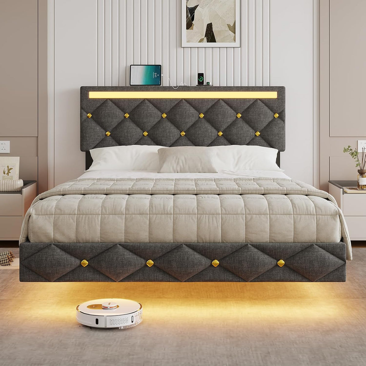 DICTAC Cama tapizada de 140 x 190 cm con carga USB e iluminación LED, cabecero con LED, cama doble con somier, cama juvenil, cama funcional, tela de lino, sin colchón