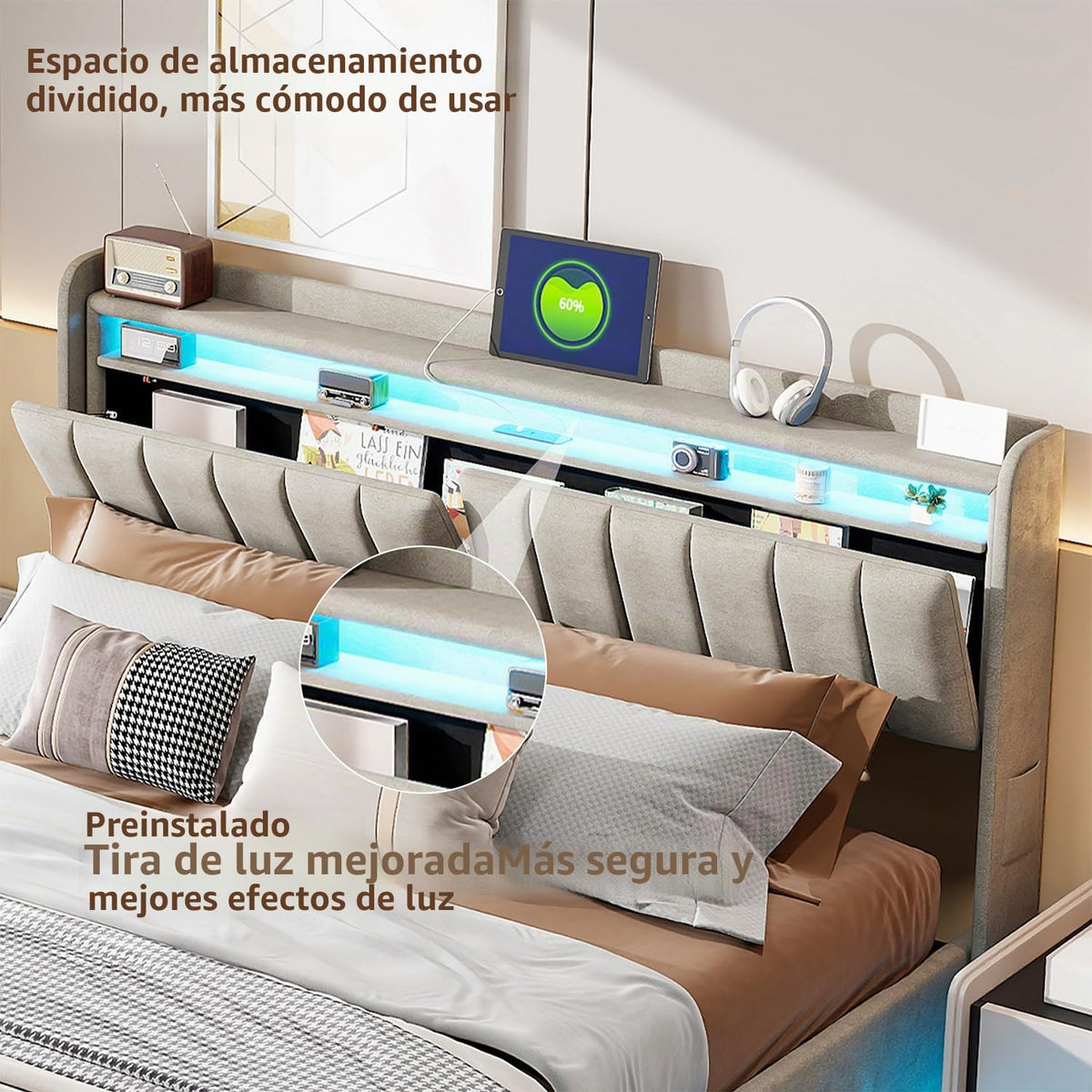 Cama tapizada de 160 x 200 cm, cama doble LED con espacio de almacenamiento, cabecero y función de carga USB C, cama de almacenamiento hidráulico, respaldo con somier de láminas de madera